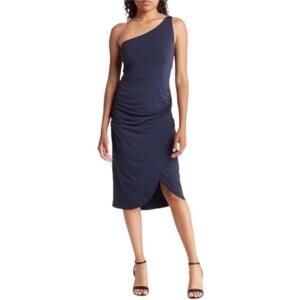 Socialite Navy One-Shoulder Draped Midi Dress Ruched Cocktail Sz S
